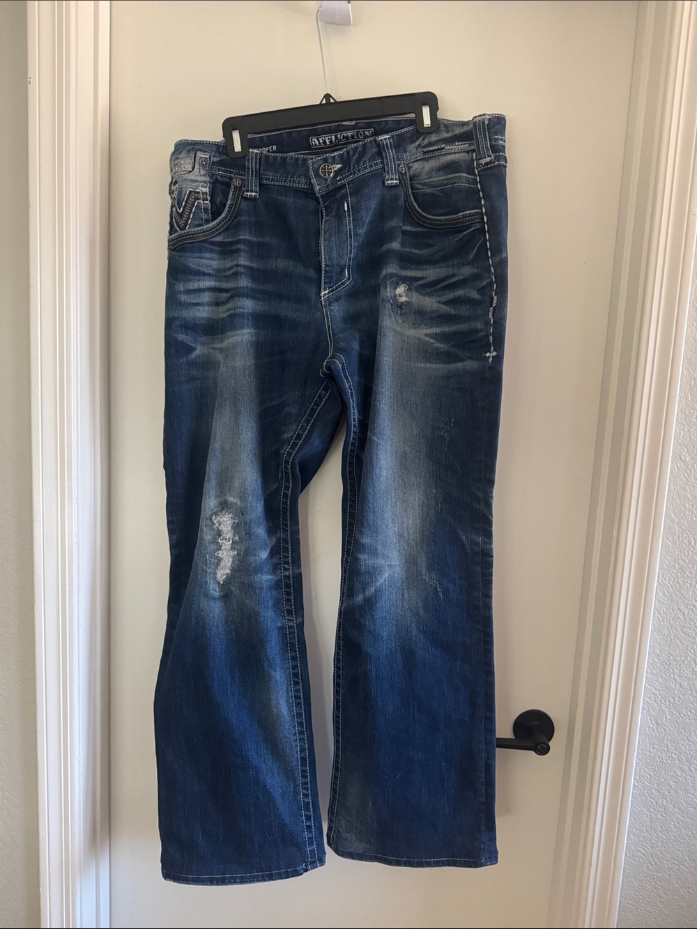 Affliction Men’s Faded Distressed Blue Bootcut Jeans